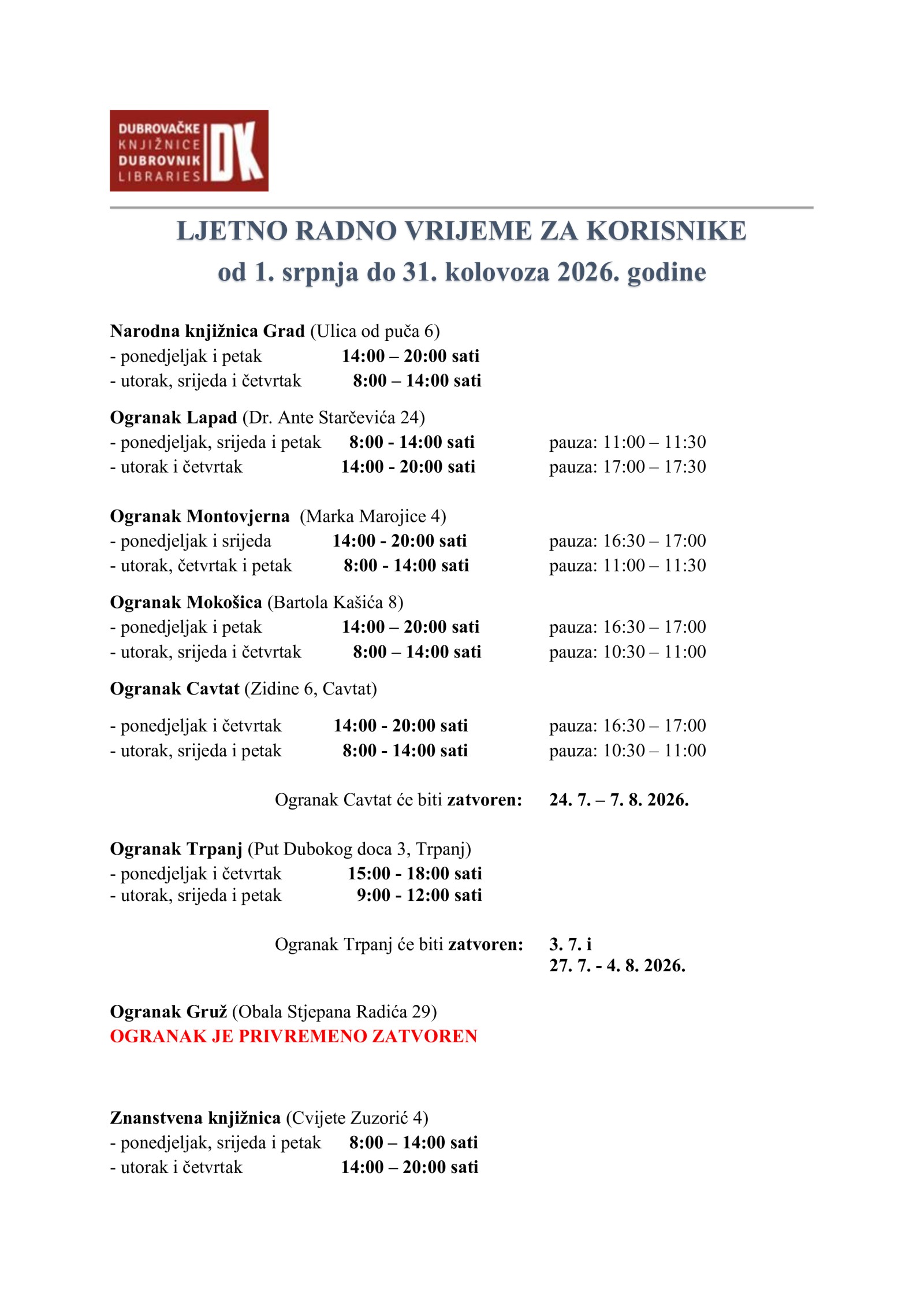 LJETNO RADNO VRIJEME