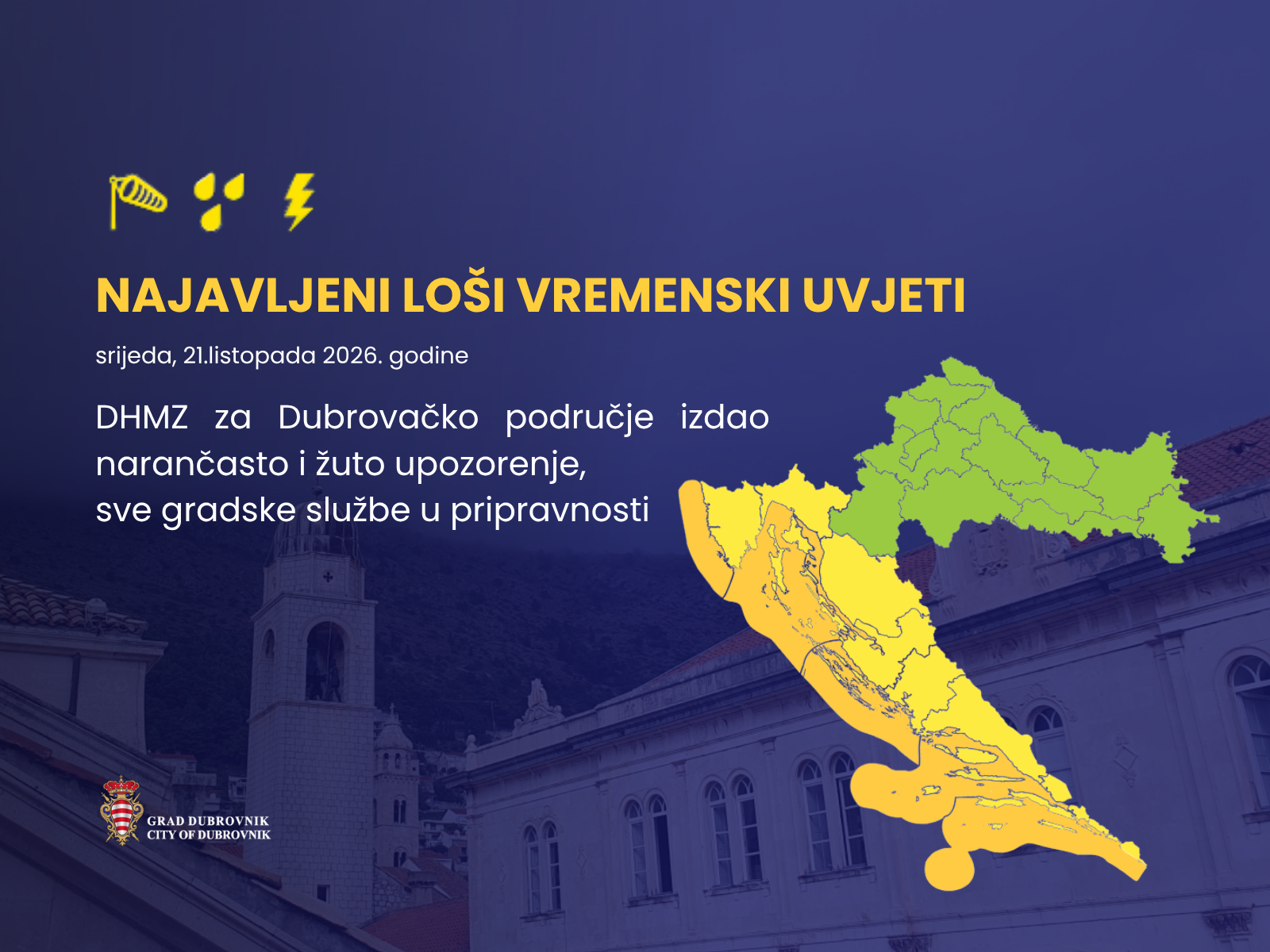 DHMZ izdao upozorenja za Dubrovnik zbog jakog juga i obilne kiše